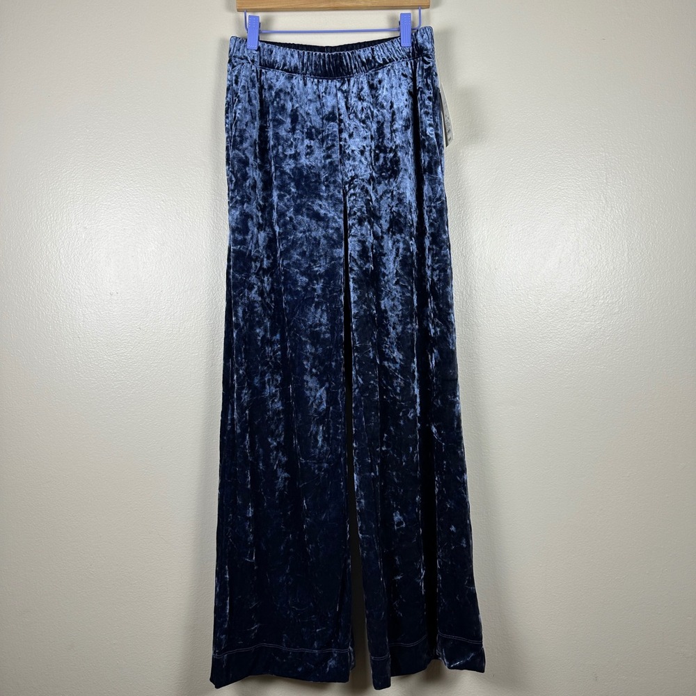 A New Day Women's XS Wide Leg Pants Navy Blue Crushed Velvet High Rise NEW